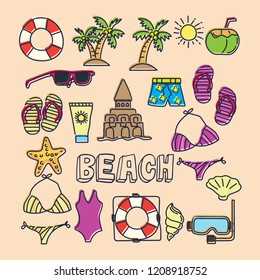 set of Summer vector icons in doodle style with plain backgrounds. vector illustration