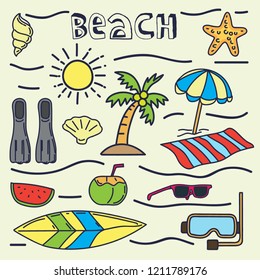Satz von Sommer-Vektorsymbolen im Doodle-Stil mit einfarbigen Hintergründen. Vektorgrafik