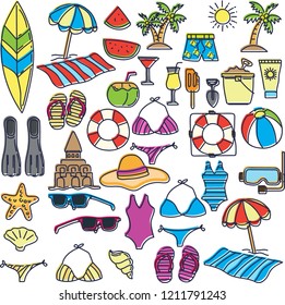 set of Summer vector icons in doodle style with plain backgrounds. vector illustration
