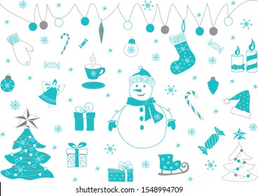 A set of summer vector icons. New Year. Depicted snowman, Christmas tree, gift, candle, bell, candy, Christmas toys and garland. All in blue, gray and white.