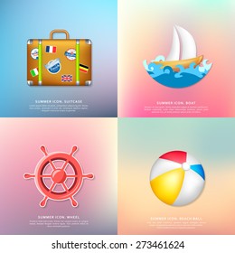 Set of summer vector icons on blurred backgrounds. Colorful collection of summer holidays, vacation and travel badges. A suitcase for travel, a ship on the waves, the wheel and the ball.