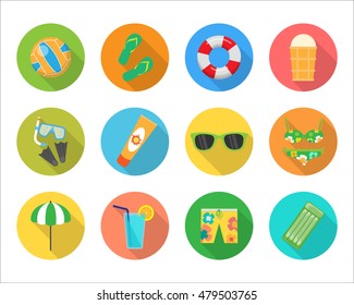 Set of summer vector icons. Volleyball, ice cream, sunglasses, shorts, mattress, drink, parasol, swimsuit, sun cream, rescue circle, mask and fins flat illustrations. For app buttons, infogpaphic 
