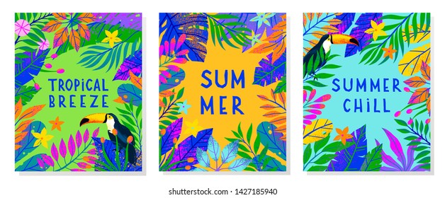 Set of summer vector illustration with bright tropical leaves,flowers and toucan.Multicolor plants with hand drawn texture.Exotic backgrounds perfect for prints,flyers,banners,invitations,social media