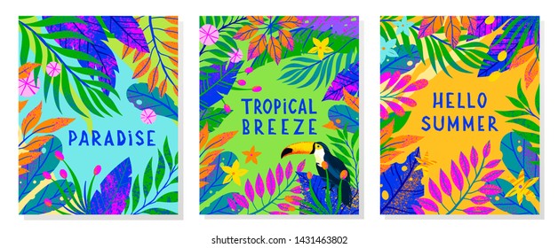 Set of summer vector illustration with bright tropical leaves,flowers and toucan.Multicolor plants with hand drawn texture.Exotic backgrounds perfect for prints,flyers,banners,invitations,social media