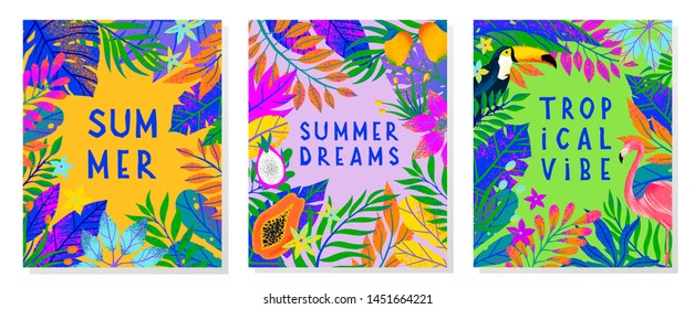 Set of summer vector illustration with bright tropical leaves,flamingo,toucan and exotic fruits.Multicolor plants.Exotic backgrounds perfect for prints,flyers,banners,invitations,social media.
