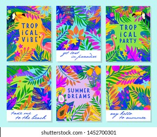 Set of summer vector illustration with bright tropical leaves,flamingo,toucan and exotic fruits.Multicolor plants.Exotic backgrounds perfect for prints,flyers,banners,invitations,social media.