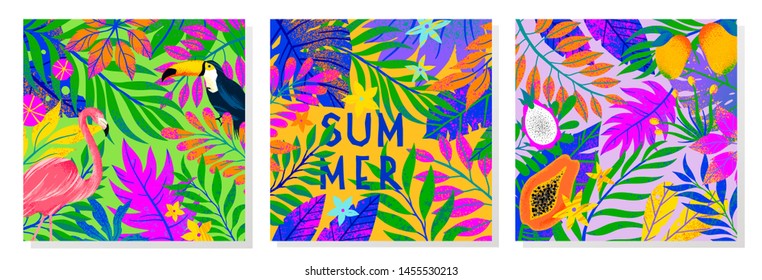 Set of summer vector illustration with bright tropical leaves,flamingo,toucan and exotic fruits.Multicolor plants.Exotic backgrounds perfect for prints,flyers,banners,invitations,social media.
