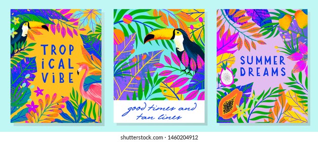 Set of summer vector illustration with bright tropical leaves,flamingo,toucan and exotic fruits.Multicolor plants.Exotic backgrounds perfect for prints,flyers,banners,invitations,social media.