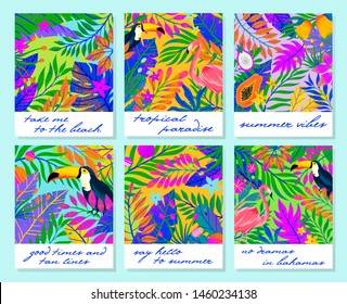 Set of summer vector illustration with bright tropical leaves,flamingo,toucan and exotic fruits.Multicolor plants.Exotic backgrounds perfect for prints,flyers,banners,invitations,social media.