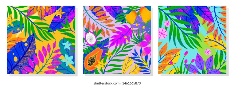 Set of summer vector illustration with bright tropical leaves,flowers and exotic fruits.Multicolor plants.Tropical backgrounds perfect for prints,flyers,banners,invitations,social media.