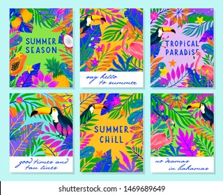 Set of summer vector illustration with bright tropical leaves,flamingo,toucan and exotic fruits.Multicolor plants.Exotic backgrounds perfect for prints,flyers,banners,invitations,social media.