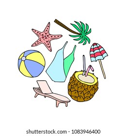 Set summer vector illustration. Palm tree, pineapple, cocktail, starfish, chaise longue, beach umbrella, ball, swimsuit. Doodle style. Design objects. Poster. Banner. Card. Logo. Icon.