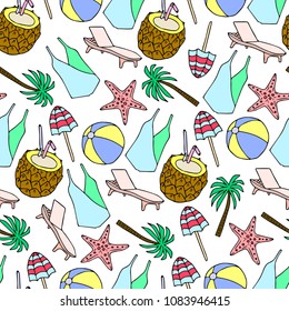 Set summer vector illustration. Palm tree, pineapple, cocktail, starfish, chaise longue, beach umbrella, ball, swimsuit. Doodle style. Design objects. Poster. Banner. Card. Logo. Icon.
