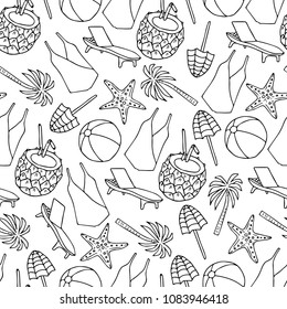 Set summer vector illustration. Palm tree, pineapple, cocktail, starfish, chaise longue, beach umbrella, ball, swimsuit. Doodle style. Design objects. Poster. Banner. Card. Logo. Icon.