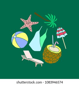 Set summer vector illustration. Palm tree, pineapple, cocktail, starfish, chaise longue, beach umbrella, ball, swimsuit. Doodle style. Design objects. Poster. Banner. Card. Logo. Icon.