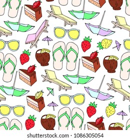 Set summer vector illustration. Strawberry, cake, chaise longue, umbrella, glasses, coconut, cocktail, shale. Design objects. Doodle style. Poster. Banner.