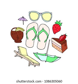 Set summer vector illustration. Strawberry, cake, chaise longue, umbrella, glasses, coconut, cocktail, shale. Design objects. Doodle style. Poster. Banner.