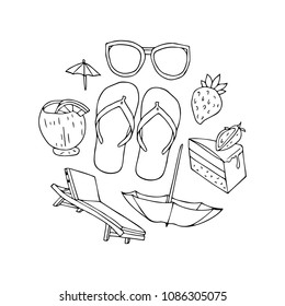 Set summer vector illustration. Strawberry, cake, chaise longue, umbrella, glasses, coconut, cocktail, shale. Design objects. Doodle style. Poster. Banner.