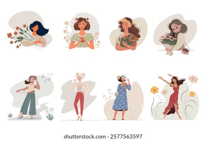 Set of summer vector illustrations with beautiful young women with a flowers and cup of coffee. Portraits and avatars for social network. Nice happy girls enjoy life in pleasure and inspiration.