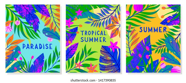 Set of summer vector illustrations with tropical leaves,flowers and elements.Multicolor plants with hand drawn texture.Exotic backgrounds perfect for prints,flyers,banners,invitations,social media.
