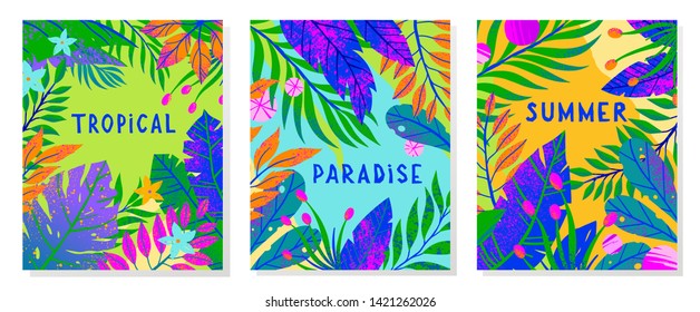 Set of summer vector illustrations with tropical leaves,flowers and elements.Multicolor plants with hand drawn texture.Exotic backgrounds perfect for prints,flyers,banners,invitations,social media.