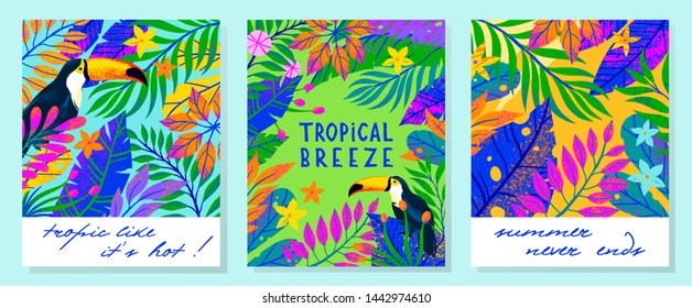 Set of summer vector illustrations with tropical leaves,flowers and toucan.Multicolor plants with hand drawn texture.Exotic backgrounds  