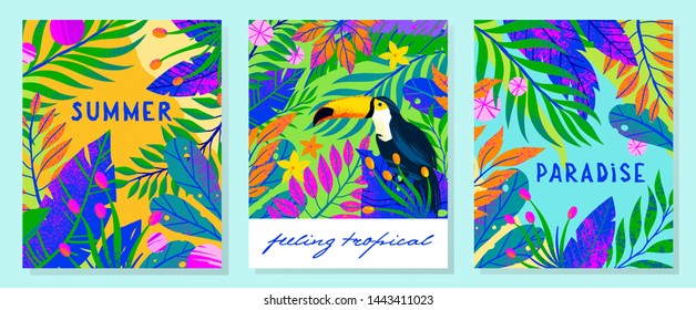 Set of summer vector illustrations with tropical leaves,flowers and toucan.Multicolor plants with hand drawn texture.Exotic backgrounds perfect for prints,flyers,banners,invitations,social media
