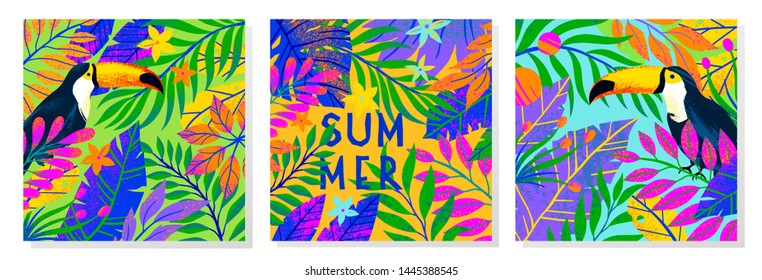 Set of summer vector illustrations with tropical leaves,flowers and toucan.Multicolor plants with hand drawn texture.Exotic backgrounds perfect for prints,flyers,banners,invitations,social media