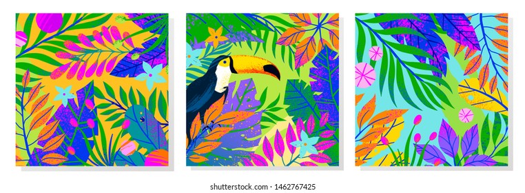 Set of summer vector illustrations with tropical leaves,toucan and flowers.Multicolor plants with hand drawn texture.Exotic backgrounds perfect for prints,flyers,banners,invitations,social media