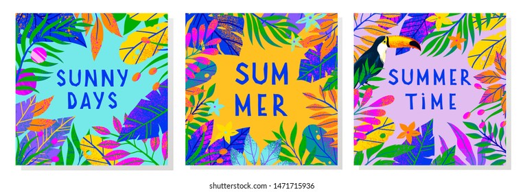 Set of summer vector illustrations with tropical leaves,toucan and flowers.Multicolor plants with hand drawn texture.Exotic backgrounds perfect for prints,flyers,banners,invitations,social media