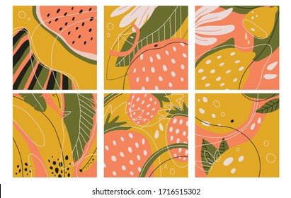 Set of summer vector modern trendy  abstract backgrounds.  Hand drawn doodle various illustrations of fruits: watermelon, orange, lemon, banana, strawberry, pear. 