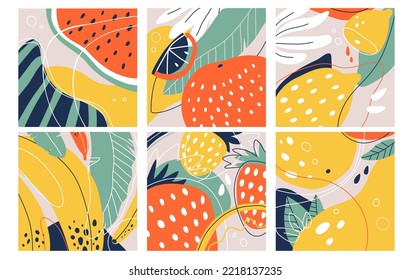 Set of summer vector modern trendy  abstract backgrounds.  Hand drawn doodle various illustrations of fruits: watermelon, orange, lemon, banana, strawberry, pear. 