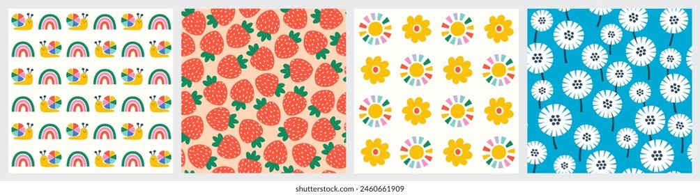 Set of summer vector seamless patterns. Childish cute naive hand drawn summer patterns design for children's textile, packaging, paper bags, wrapping paper