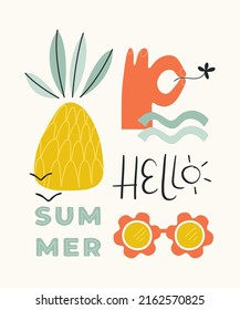 Set of summer vector stickers. Pineapple, sunglasses, hand with flower. Hand drawn lettering: "Hello" and "Summer". Isolated cartoon illustration for app, sticker print, poster, card, tag, invitation.