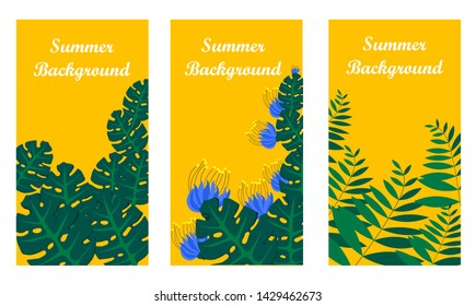 Set of summer vector templates for social networks , place for text,banner,postcard ,tropical plants , flat style