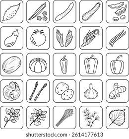 The set of summer vegetable icons isolated on white background