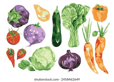 Set of summer vegetables, a simple watercolor clipart, white background.