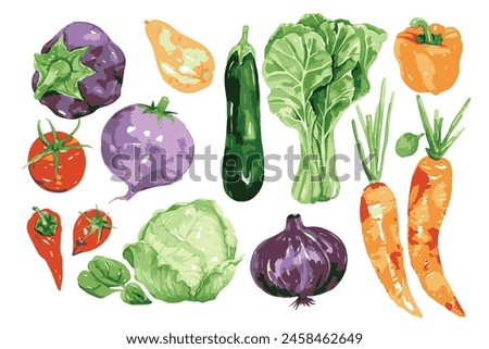 Set of summer vegetables, a simple watercolor clipart, white background.