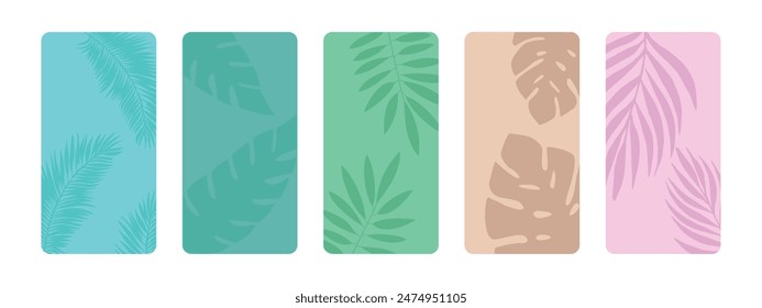 Set of summer vertical backgrounds with palm leaves. Tropical backgrounds in a minimalist style. Vector.