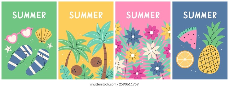 Set of summer vertical cards posters with summer items and text. Summer collection. Vector flat postcard illustration.