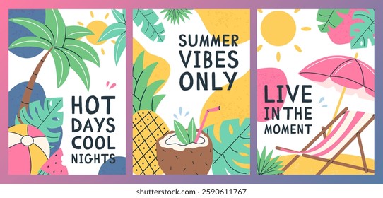 Set of summer vertical cards posters with summer items and text. Summer collection. Vector flat postcard illustration.