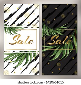 Set of summer vertical sales banners. Tropical exotic background with palm leaves. Template for cards, invitations, sales, promotions. Vector illustrations.