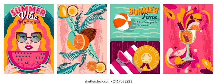 Set of Summer vibe posters. Sunny postcards with girl eating watermelon, refreshing cocktail, sea beach and exotic fruits. Cover design. Cartoon flat vector illustrations isolated on white background