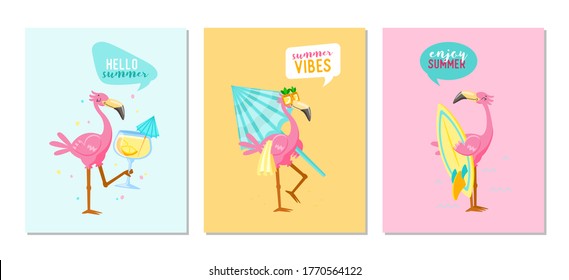 Set of Summer Vibes Banners with Cute Pink Flamingo Drink Cocktail, Carry Umbrella and Surf Board. Hello Summer Posters with Cartoon Character Vacation Activity and Spare Time. Vector Illustration