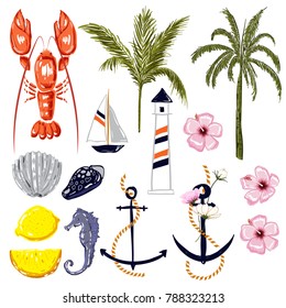 Set of summer vibes red lobster,shell,ship,coconut and palm trees ,lemon,hibiscus flowers in hand drawing style for summer on white background.