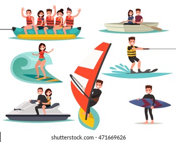 Set Of Summer Water Active Recreation. Banana Boat, Surfing, Windsurfing, Jet Ski, Water Ski. Vector Illustration Of A Flat Design