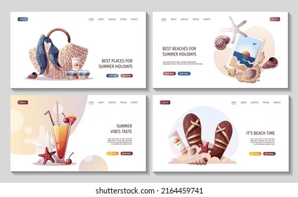 Set of summer web pages. Sandals, rattan bag, seashells, sea beach photography, cocktail. Beach Holidays, Summer vacation, Leisure, Recreation concept. Vector Illustrations. Banner, website, poster.