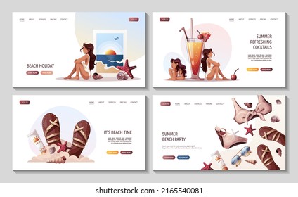 Set of summer web pages. Women in swimsuits,cocktail, seashells, sea beach photography, bikini, sandal. Beach Holidays, Summer vacation, Leisure concept. Vector Illustrations. Banner, website, poster.