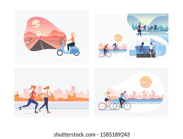 Set of summer weekend illustrations. Flat vector illustrations of people riding bicycle on beach, roller skating in city. Lifestyle concept for banner, website design or landing web page