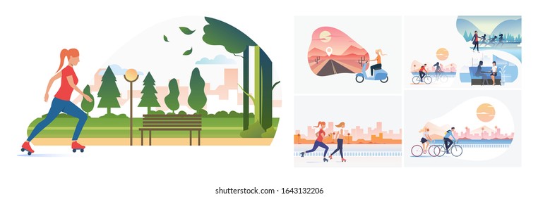 Conjunto de ilustraciones del fin de semana de verano. Ilustraciones vectoriales planas de personas en bicicleta en la playa, patinaje sobre ruedas en la ciudad. Concepto de estilo de vida para banner, diseño de sitio web o página web de destino